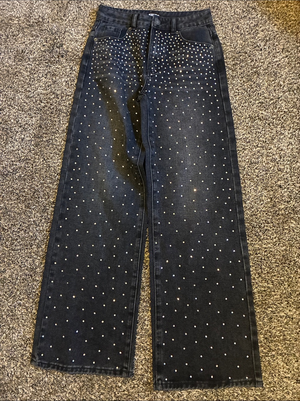 Katie J NYC Black Wide-Leg Jeans with Silver Rhinestones